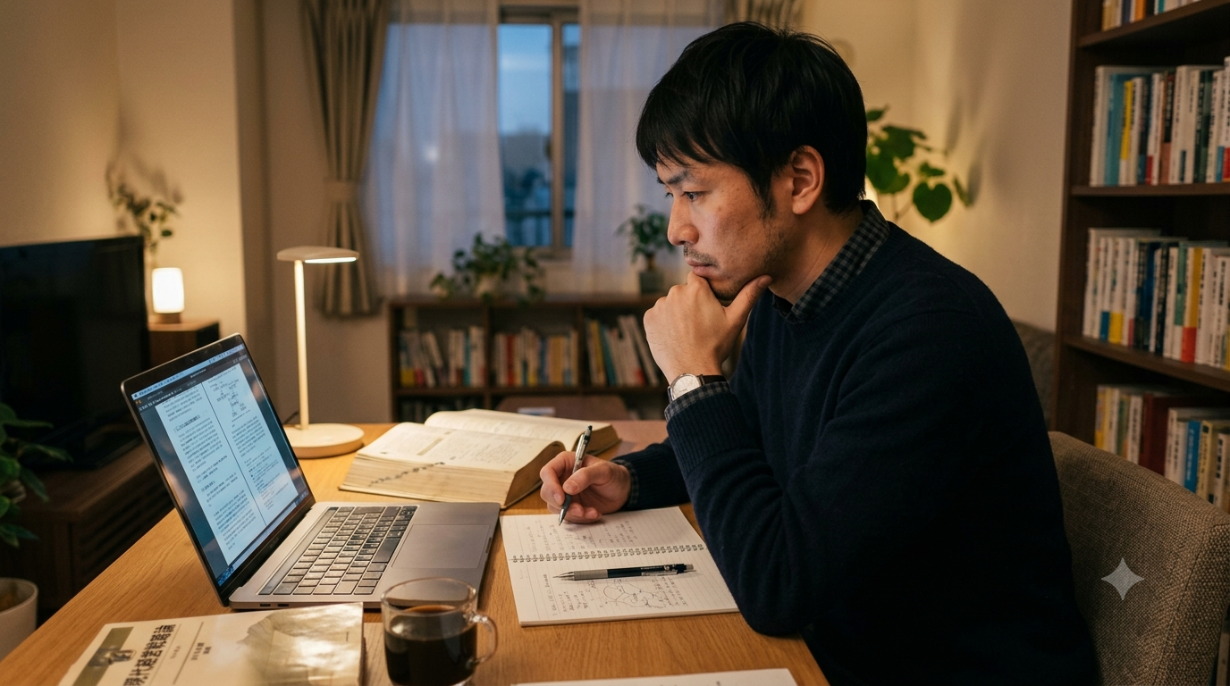 必死に勉強する中年男性