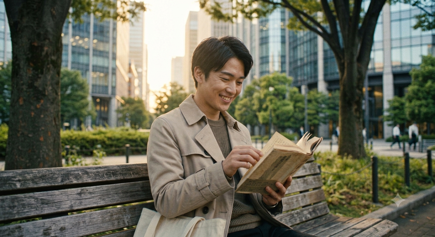 公園で読書をする男性